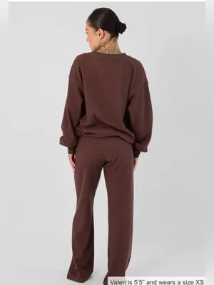 Comfrt Waffle Knit Wide-Leg Lounge Pants - Cocoa Large thumbnail 3