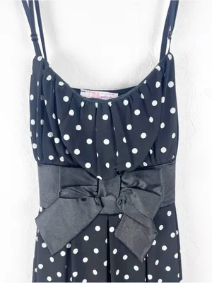 LIPSTICK Black White Polka Dot Bow Waist Spaghetti Strap Bubble Hem Dress Small thumbnail 8
