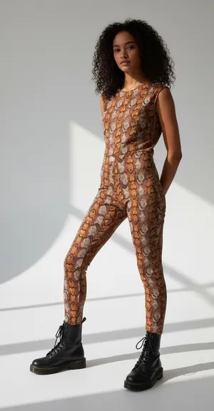 Boohoo Snake Print Cap Sleeve Tie Back Spandex Jumpsuit 12 Orange Tan thumbnail 1
