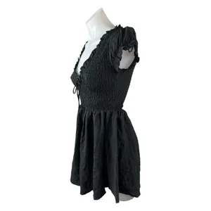 Princess Polly Black Smocked Ruffle Scoop Pleated Short Sleeve Romper Shorts 0 thumbnail 2