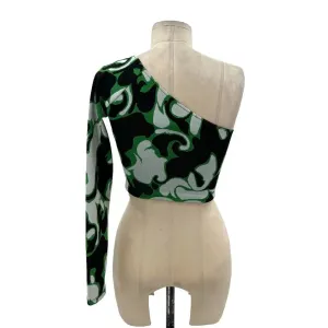 Zara Jacquard Asymmetric One Shoulder Crop Top Ring Detail Black Green‎ Small thumbnail 7