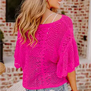 Roots &‎ Wings Boutique Women’s Pink Eyelet Crochet Knit Cover Up Blouse Medium thumbnail 3