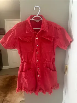 Peach Love California Red Denim Utility Romper Size Medium Western Boho thumbnail 2