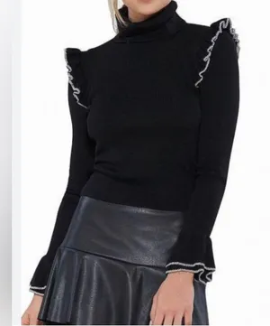 LOFT Black Ruffle Trim Blouse size Xl runs small NWOT thumbnail 1