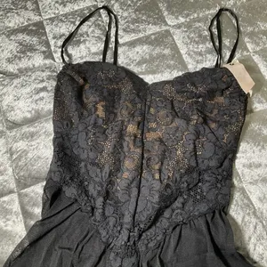 NEW HAH by Free People Womens XS Black Skate HAHround Romper lace button accent thumbnail 7