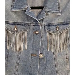 Working Title Denim Jacket Rhinestone Fringe Gray Knit Sleeves Pearl Buttons M thumbnail 2