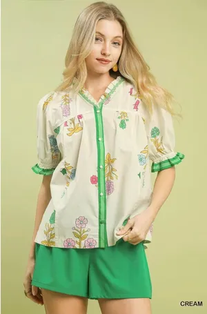 Umgee Petal Parade‎ Print Button-Down Blouse - Cream - Medium thumbnail 1