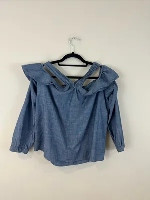 J. Crew Chambray Ruffle Off-Shoulder Top Blue Halter Neck Size 12 Women's thumbnail 7