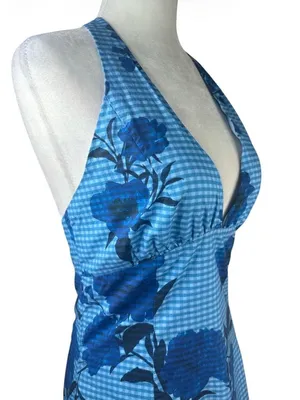 Jewel x Badgley Mischka Halter V-Neck Mini Dress in Blue 6 Womens Floral thumbnail 6