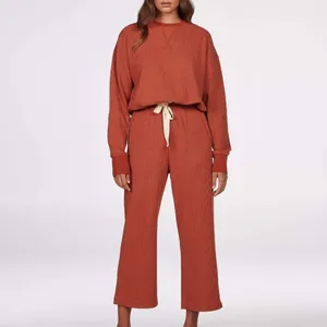 Charlie Holiday Rust Waffle Knit Sweatshirt Wide Leg Pants Lounge 2 Piece Set thumbnail 3