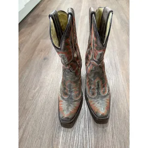 Corral Women‎ Grey Orange Embroidered Leather Snip Toe Western Cowboy Boots thumbnail 3