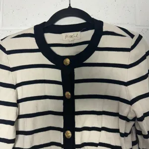 Marled Women Striped Cardigan Sweater White Black Gold‎ Crest Buttons Small prep thumbnail 2