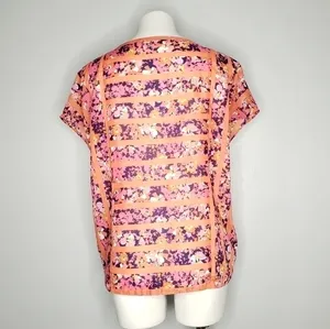 LOFT Floral‎ Striped Short Sleeve Blouse Boho Geometric Summer Top Pink Orange S thumbnail 4