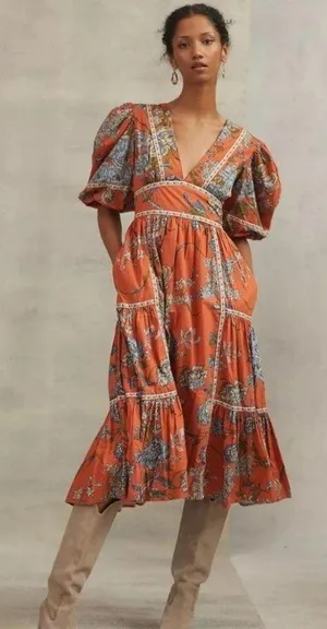 Anthropologie ×Love The Label Puff-Sleeved Tiered Midi Dress Size XS thumbnail 1