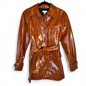 Topshop Brown Faux Patent Leather Trench Coat Jacket Womens 8 Preppy Fall Classy thumbnail 2