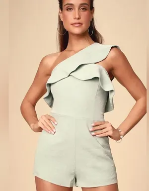 LULU’S BUTTERFLY EFFECT SAGE GREEN ONE-SHOULDER ROMPER thumbnail 1