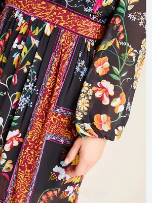 ANTHROPOLOGIE Adair Velvet Trimmed Midi Dress in Black Floral Pattern‎ size 0 thumbnail 13