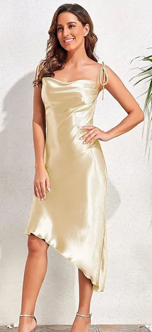 Boutique Gold Satin Asymmetrical Hem Dress thumbnail 1