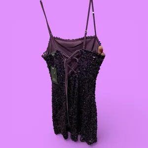 Cute NWT purple sequin stretchy corset back mini dress sexy club prom coquette thumbnail 4