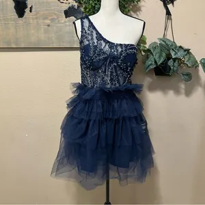 Lulus Fanciful Charm Navy Mesh Beaded Tiered One-Shoulder Mini Dress thumbnail 3