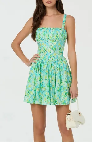 ASTR The Label Ruched Bodice Cotton Aqua Lime Print Dress Women’s Large thumbnail 1
