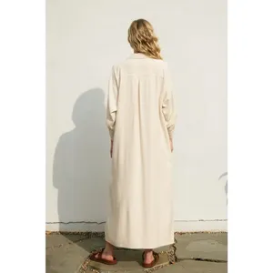 $139 Dress Forum Cotton Linen Pleated Longline Shirt Dress in oatmeal, NWT L thumbnail 3