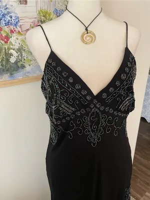 Dressbarn Vintage 90s Y2K Asymmetrical Beaded Ruffle Slip Midi Dress Size US 8 thumbnail 2