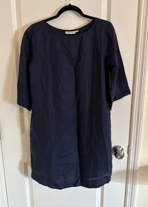 Roller Rabbit Lorena Navy 100% Linen Shift Dress 3/4 Sleeves Lined Pockets Sm thumbnail 1