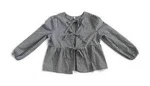 Gingham Navy White Puff Long Sleeve Babydoll Blouse with Front Bows size L thumbnail 1