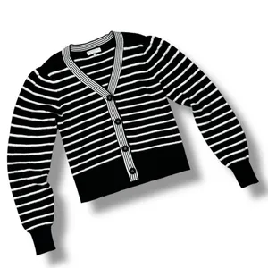 Bagatelle Collection Striped V Neck Cardigan‎ Sweater Black White Small thumbnail 12