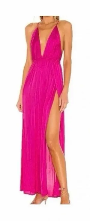 Indah Revolve Hot Pink Satin Plunge V-Neck Strappy Slit Resortwear Maxi Dress XS thumbnail 1
