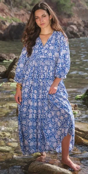House of Sundar Maya Midi Dress 3XL Blue Iris Block Print Cotton Cottagecore thumbnail 1