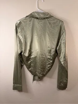 12th Tribe Olive Satin Tie-Front Button Down Shirt thumbnail 3