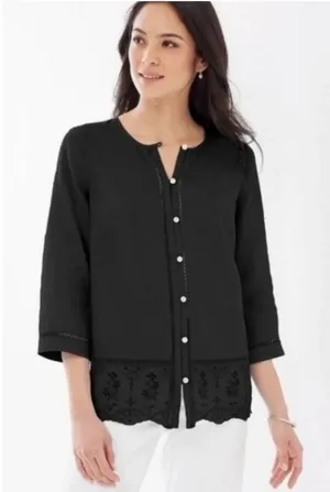 J Jill Love Linen Embroidered Hem Button-Front Black Top Preppy Casual Classic thumbnail 1