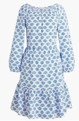 J Crew 0 Scoopneck Tiered Cotton Poplin Mini Dress Blue Pattern Block Print thumbnail 1