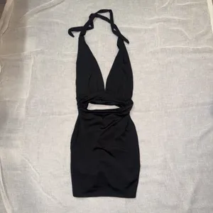 SHEIN Small Black Halter Deep V Neck Ruched Bodycon Formal Dress Open Back NWOT thumbnail 2