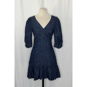 TANYA TAYLOR Pansy Dress Blue‎ Denim Pleated Mini Puffed Sleeves Flirty Size 6 thumbnail 2