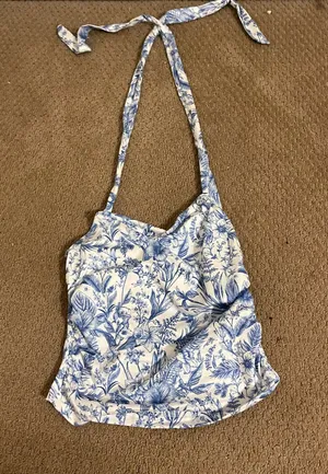 SheIn Blue and white floral halter top thumbnail 1