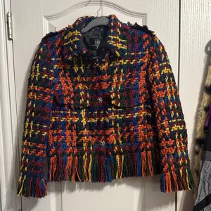 💖Colorful Plaid Woven Yarn Fringe Heavyweight Jacket Dopamine Artsy‎ Maximalist thumbnail 3