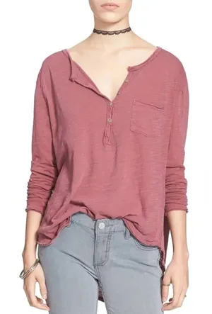Free People Frontier Slub Knit Henley Tee in Pink thumbnail 1
