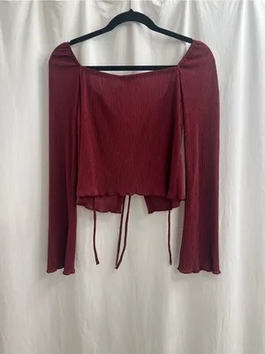Princess Polly Burgundy Chantria Tie-Front Long Sleeve Crop Top thumbnail 3