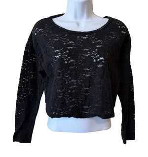 Natural Life WomenBlack Floral Lace Long‎ Sleeve Crop Top Sheer Boho XS Festival thumbnail 1