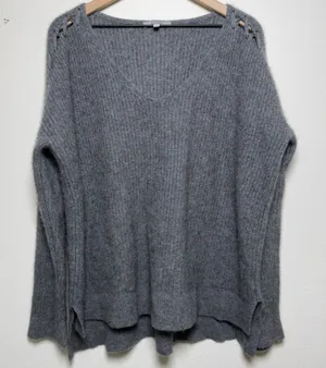 Neiman Marcus Womens 100% Cashmere Sweater XL Gray Lace‎ Up Shoulder V-Neck thumbnail 1