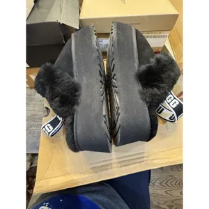 Ugg Funkette Black Suede Sheepskin Strap Platform Women'S Slippers Size 10 thumbnail 9