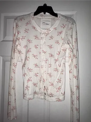 aerie Cream Cardigan with Pink Floral Print thumbnail 1