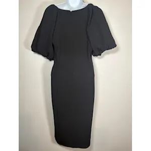 Nina Leonard Sheath Dress Black Pleated Puff Sleeve Midi LBD Elegant Size‎ M thumbnail 5