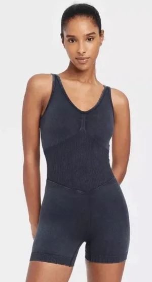 JoyLab Black Seamless Short Active Bodysuit V-Neck Ribbed Workout Romper L thumbnail 1