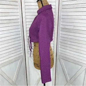 Zara Houndstooth Cropped Polo Top Purple Black‎ Small Long Sleeve Deep V-neck thumbnail 4