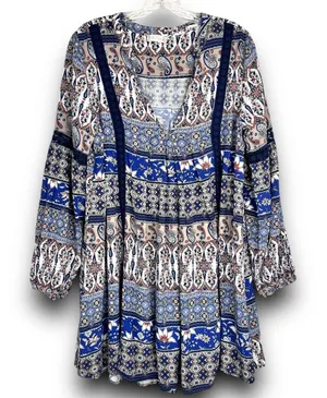 Altard State Boho Mini Dress Tunic Long Sleeve Paisley Print Lightweight Medium thumbnail 1