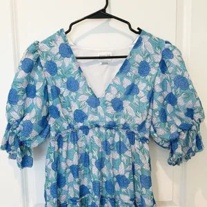 Saylor Womens Tiered Mini Dress Small Milkmaid Cottage Romantic Puff Sleeve Blue thumbnail 3